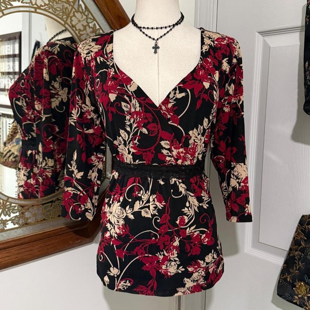 Apt 9 Black, Red & Tan Floral Mesh 3/4 Sleeve Dark Fairy V Neck Whimsy Top L